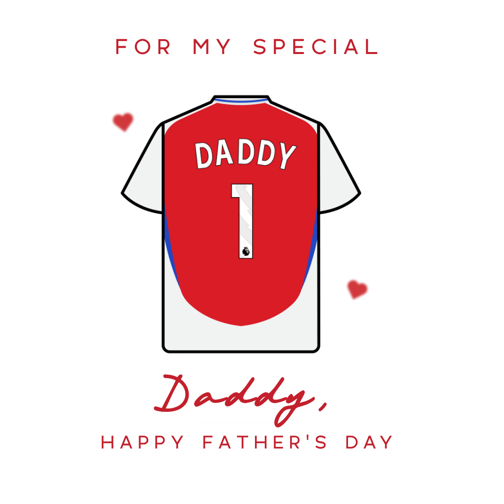 Father's Day card with a red and white shirt design, text 'Daddy' and number '1', on a white background.